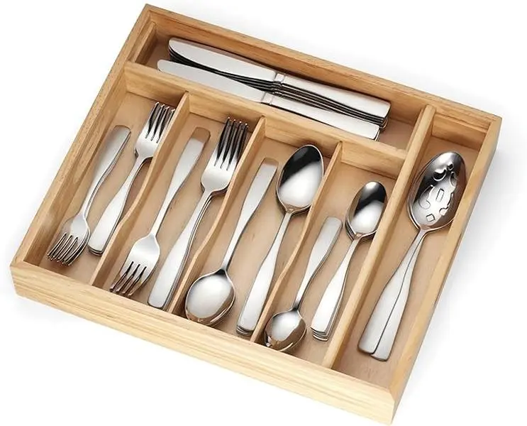 Cambridge 263K7CSLG31 Madison 62-Piece 18-0 Stainless Steel Cutlery Set with Satin Finish, Wood Tray - Tableware Dinnerware Set Including Spoons