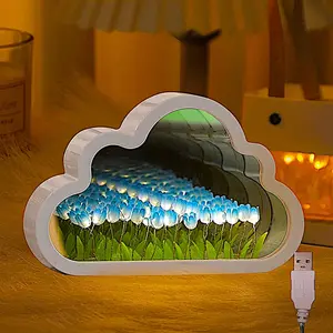 Lamp Fully Assembled - Flower Night Light Cuteness Lamps -  and Rose Infinity Mirror in a Glass -  for Women or Girl - Lampara de Tulipanes Infinitos (Blue, USB)