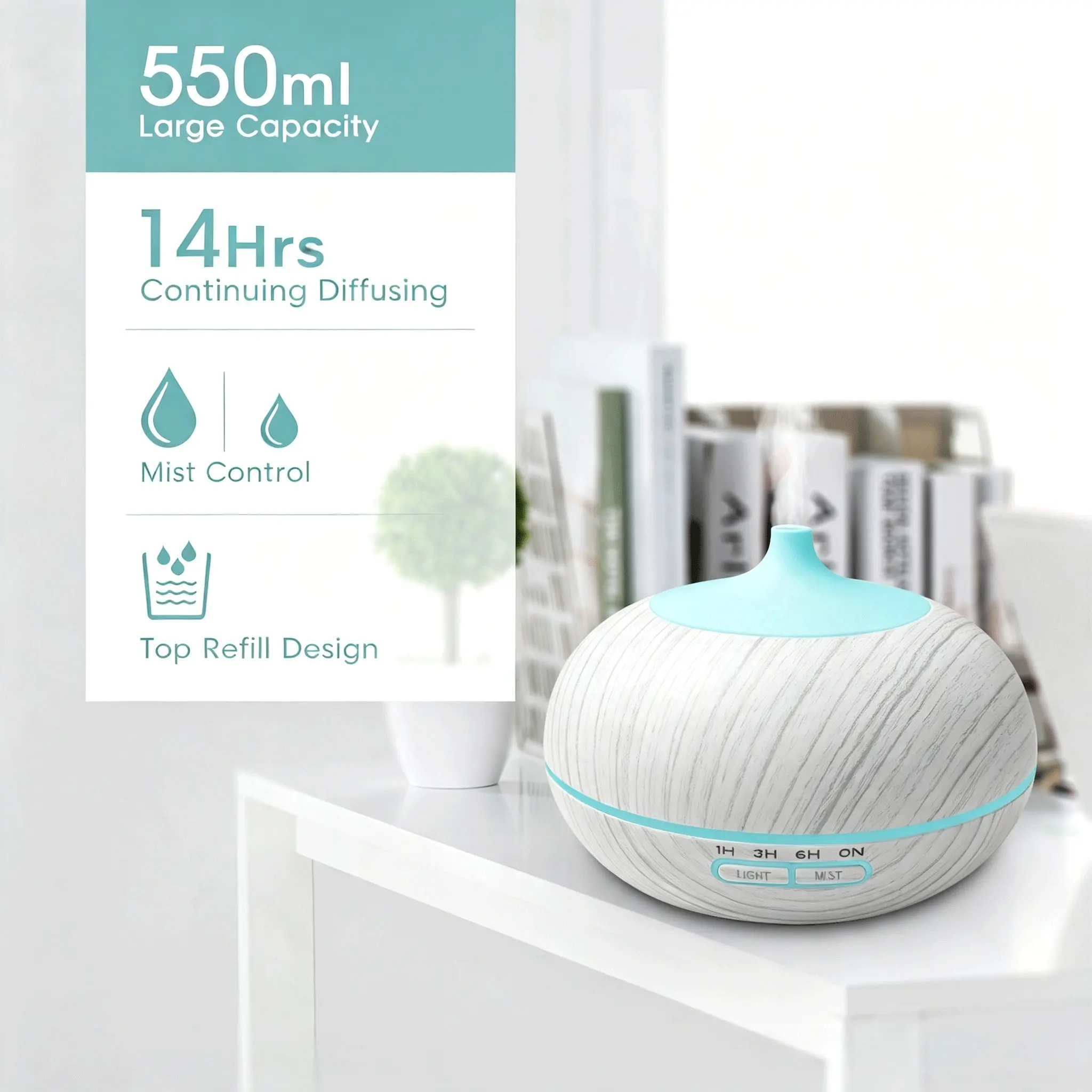 550ml Wood Grain Ultrasonic Cool Mist Humidifier & Aroma Essential Oil Diffuser, with Remote Control, 7-Color LED Night Light, Timer, Auto Shut-Off, Includes 6 Pcs Essential Oils for Bedroom Home
