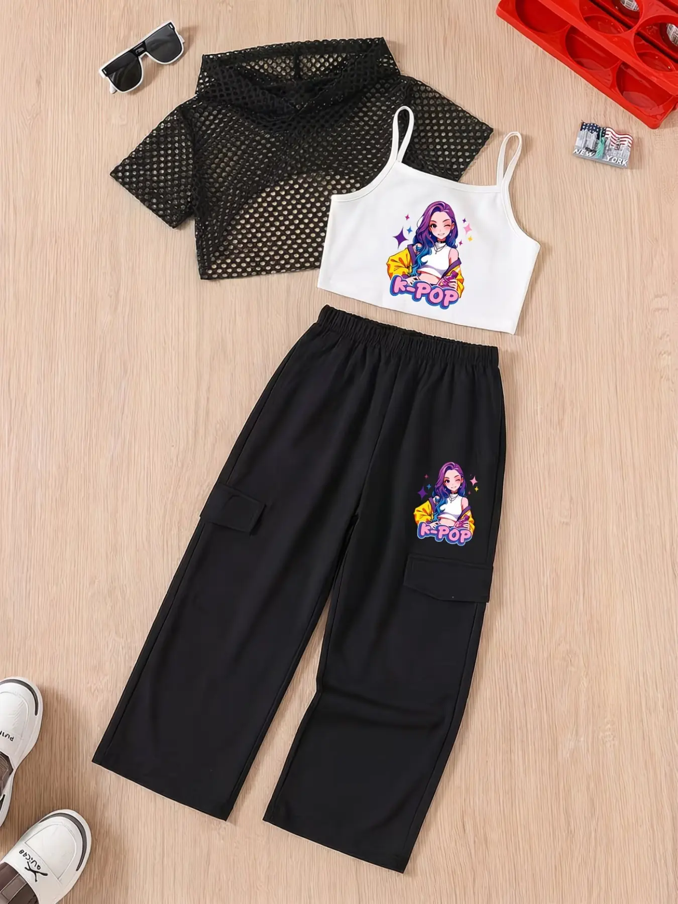 Girls' 3-Piece Fashion Set, Hooded Jumper + Tank Top + Sporty Pants, Casual Loose-Fit, Random Print, Perfect for Outdoor Activities, Fashion Style Sets