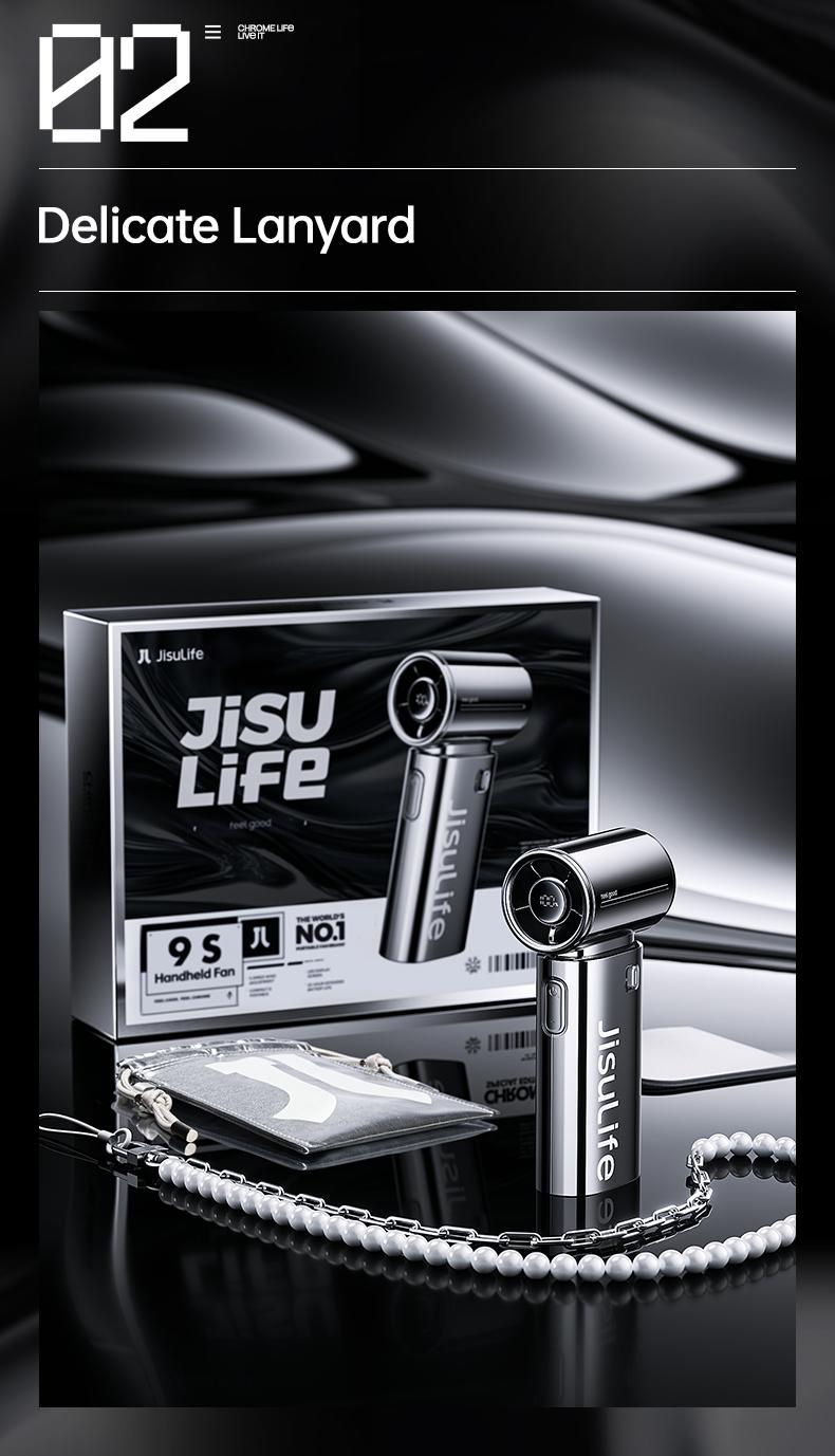 JISULIFE 2026 Life9s Chrome Portable Handheld Fan Turbo High Speed Cooling 18H 5000mAh Rechargeable Fashion Mini Fan Stylish Music Festival & Concert Accessory Valentines Day Gifts for Men Women
