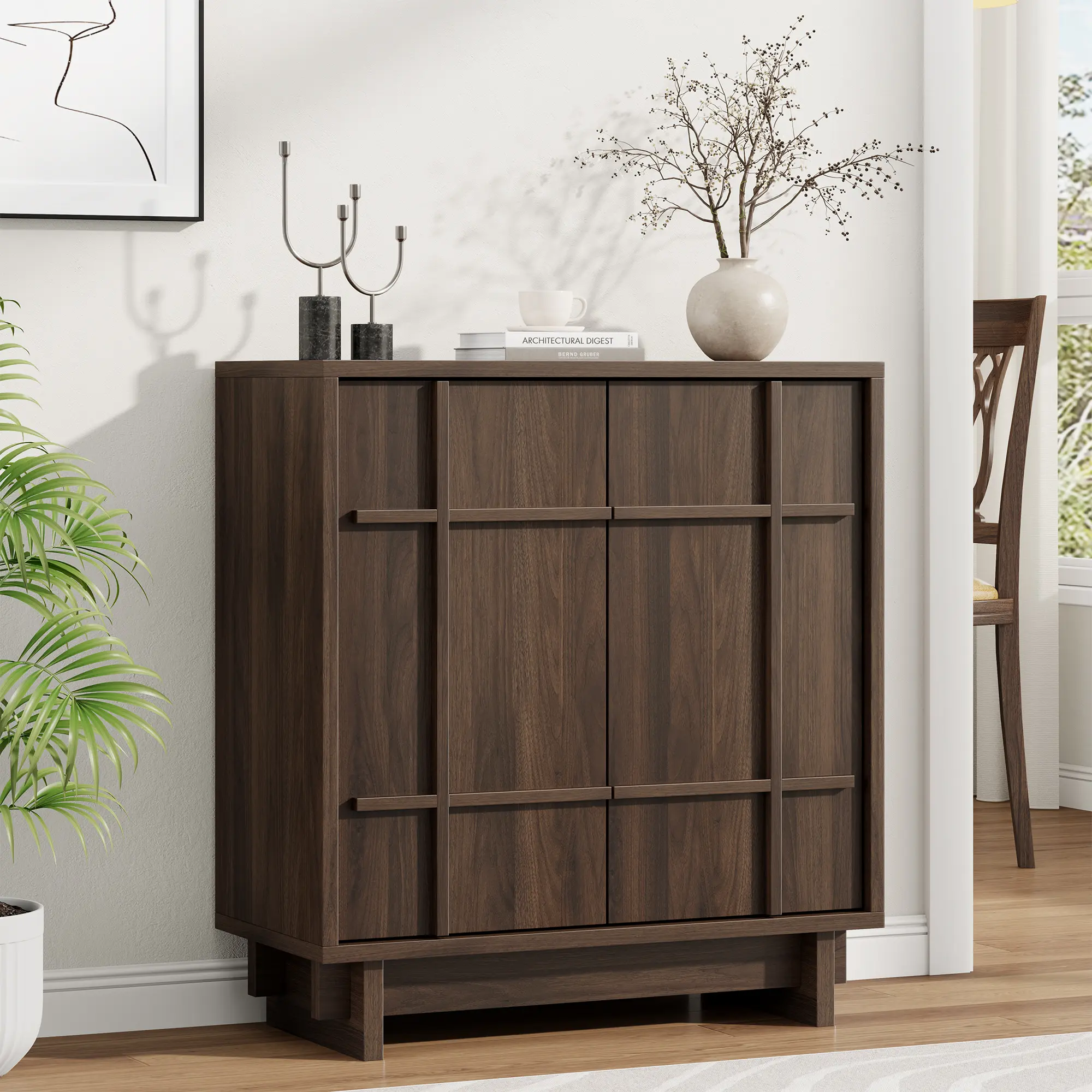 Aowos Modern Sideboard, 31" Sideboard Buffet Cabinet with Storage, Lines Panel Doors & Adjustable Shelves, Wood Storage Cabinet for Kitchen Dining Room, Modern Accent Cabinet for Living Room, Skeleton Cupboard, Black, Walnut