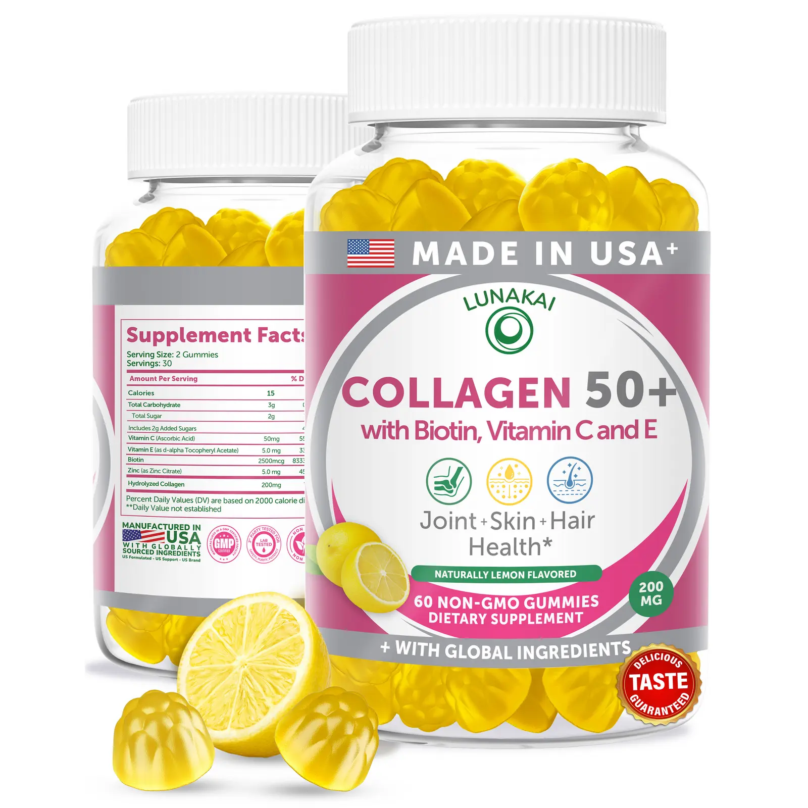 Lunakai USA Made Collagen Gummies for Women & Men Over 50, Biotin & Vitamin C, Supports Skin Elasticity, Hair & Nail Strength, Joint Support, 60ct
