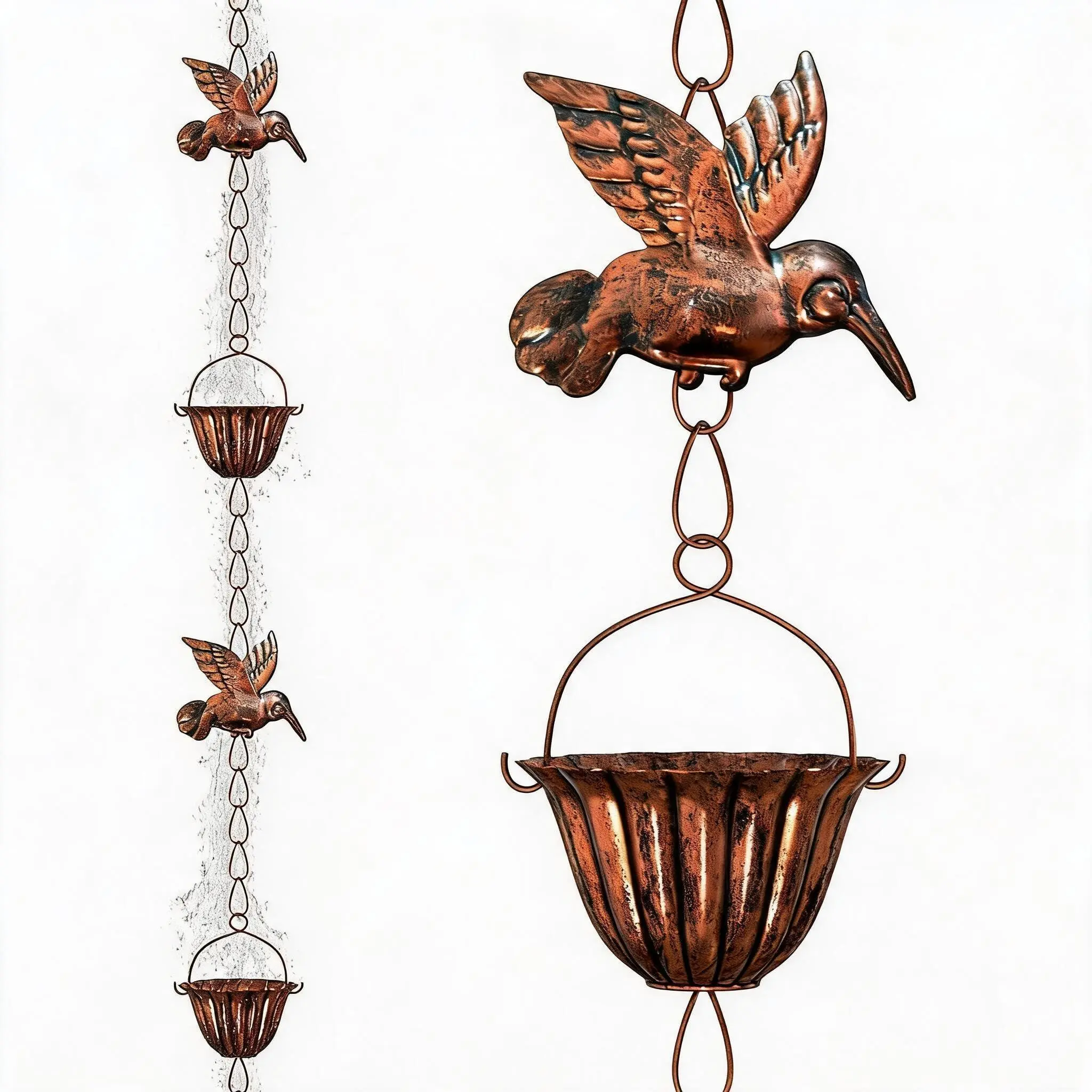 Garvee Decorative Hummingbird Rain Chain with Cups, 8.8FT | Antique Copper Finish, Rust-Resistant Metal Downspout Replacement, Soothing Outdoor Water Feature for Garden, Yard, Patio