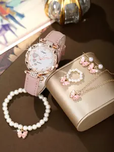 Cute Heart Watch Set for Girls, Bracelet Watch Set, Pearl Butterfly Romantic Fashion Accessories, 6-Piece Jewelry Gift Box Included