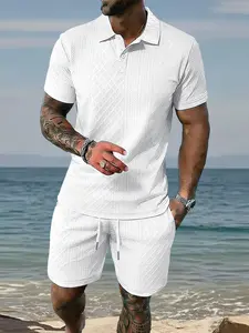 Men's Summer Textured Set, Knit Button Front Tee & Drawstring Shorts, Outdoor Play Running Fitness Casual Wear, Perfect Gift