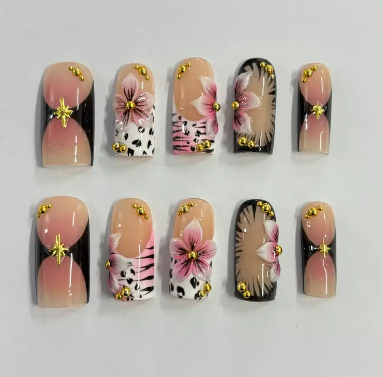 Blush Bloom Glam Press-On Nails, 3D Pink Floral Design, Black Ombre French Tips, Gold Stud Details, Abstract Animal Print Accent, Handmade Custom Press On Nails, Elegant Statement Style, Gift for Her