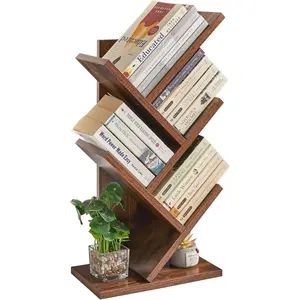 Tree Bookshelf, 4-Tier Book Storage Organizer Shelves,Rustic Brown, HBC014H