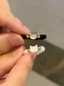 2pcs Natural Moonstone Obsidian Rings Beads Minimalist Fidget Ring Handmade Cute Black White Cat Ring Children Party Accessories Jewelry
