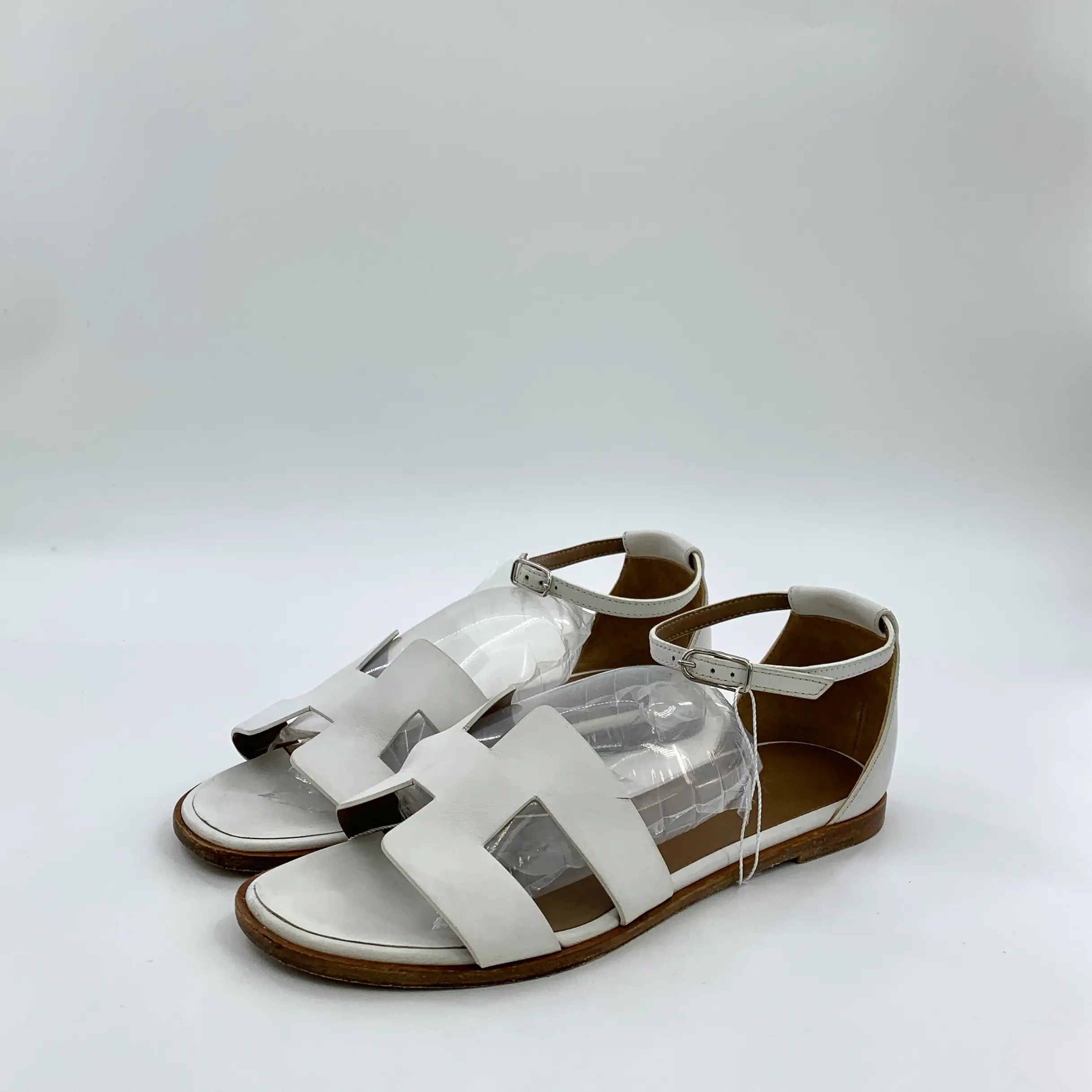 RDLT-Hermès Santorini White Calfskin H Logo One-Strap Buckle Flat Sandals Size 38-J37119