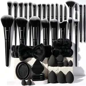 Black All-In-One Complete Makeup Tools Set Premium Synthetic Cosmetic Brushes Assorted Beauty Sponges Triangle Powder Puffs Plush Bow Hairband Wristbands Silicone Brush Cleaning Bowl For Daily Full Face Foundation Blending & Setting Makeup