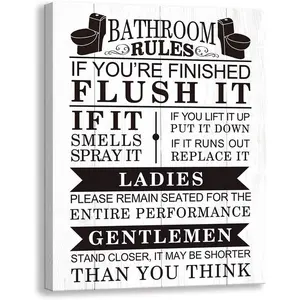 2D Flat Home Bathroom Canvas Wall Art Rustic Bathroom Funny Rules Prints Signs Framed Wood Background Bathroom Laundry Room Decor