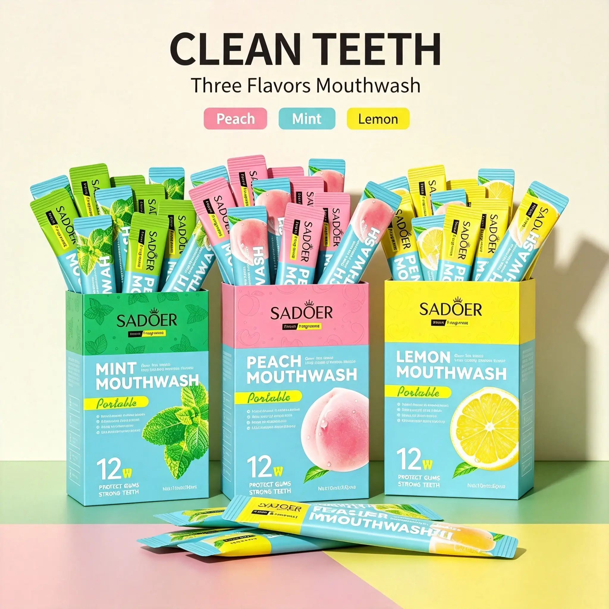 SADOER Mouthwash - 12-Pack Portable Travel Size, 3 Flavors (Peach, Mint, Lemon), Clean Teeth, Fresh Breath (Oral Care)