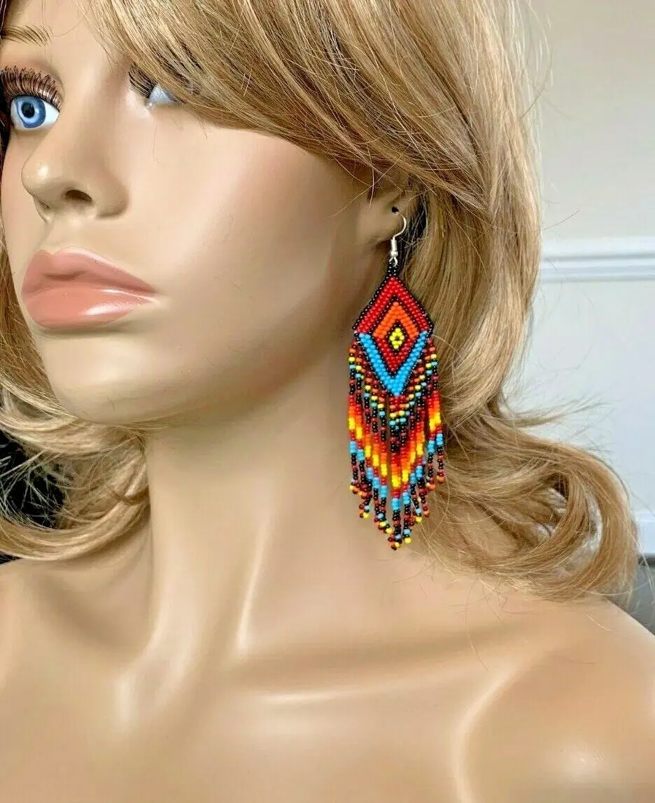 NEW NATIVE STYLE MULTI-COLOR BEADED HANDMADE LONG FASHION HOOK EARRINGS E60/19