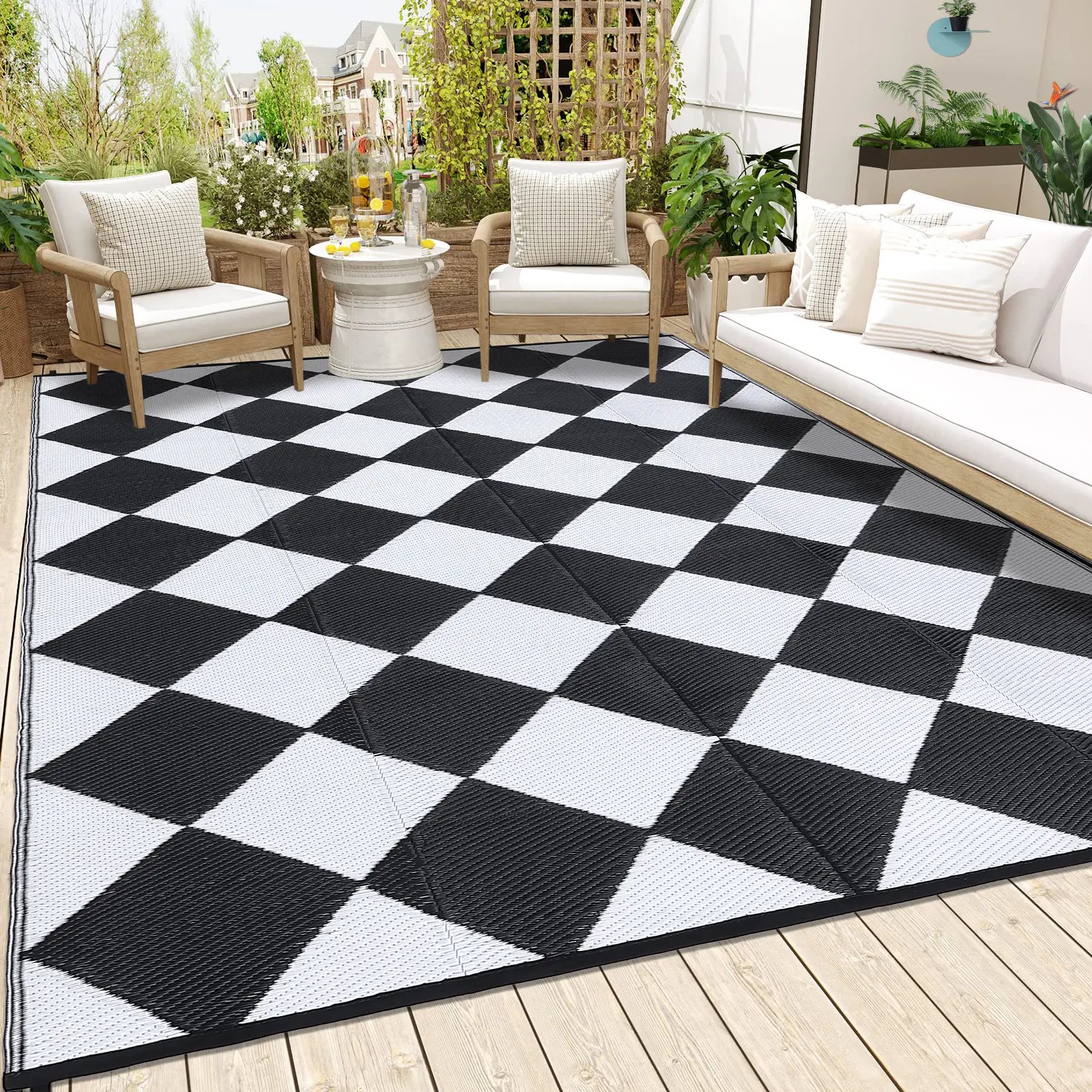 Outdoor Rug 320GSM PP Tube Woven Patio Area Rug, Modern Large Diamond Grid Black & White Outdoor Carpet for Deck Balcony Porch