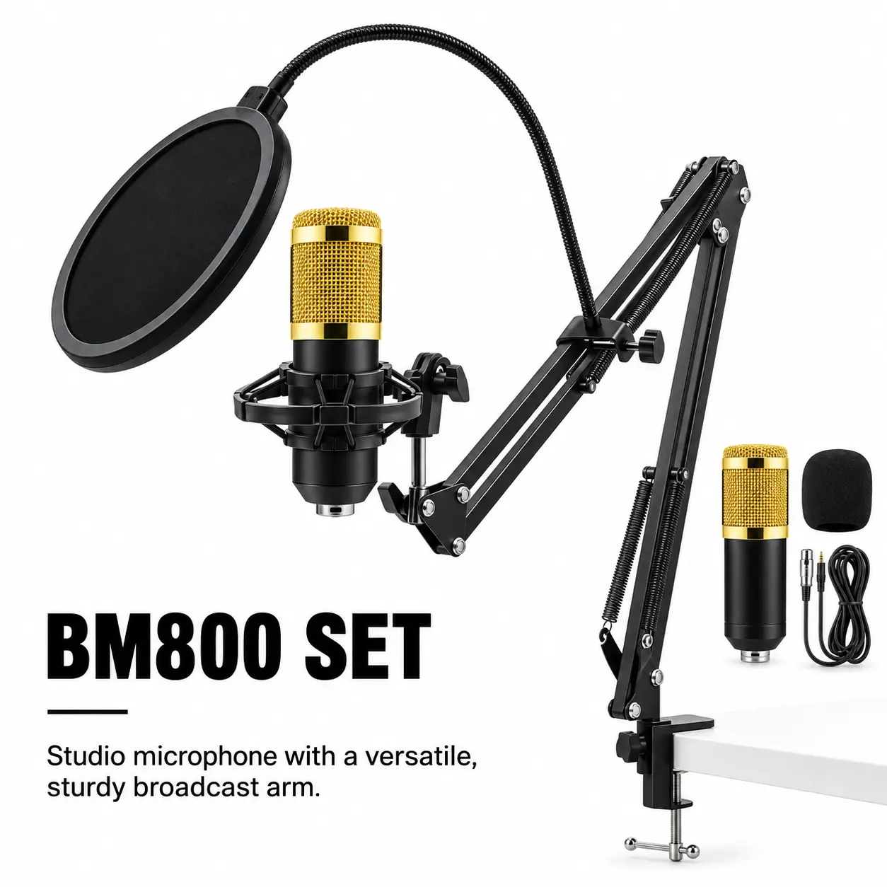 BM800 Condenser Microphone Kit with Adjustable Boom Arm Shock Mount Pop Filter XLR Audio Cable Compatible with Sound Cards and Audio Interfaces for Podcasting Streaming Gaming Vocal Recording and Home Studio Black Gold