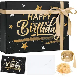 Black Happy Birthday  Box with Lid for Presents, 13.5 x 10 x 4 Inch  Black Large Luxury  Foldable Cardboard Box for  Packing, Contains Card, Envelope, Ribbon, Raffia Grass