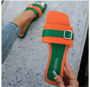 Fashionista Ladies Sandals 2025 - Orange & Green Buckle Detailing Summer Shoes for Trendy Events with Stylish Orange and Green Hues Medium Size Calf Skin Material