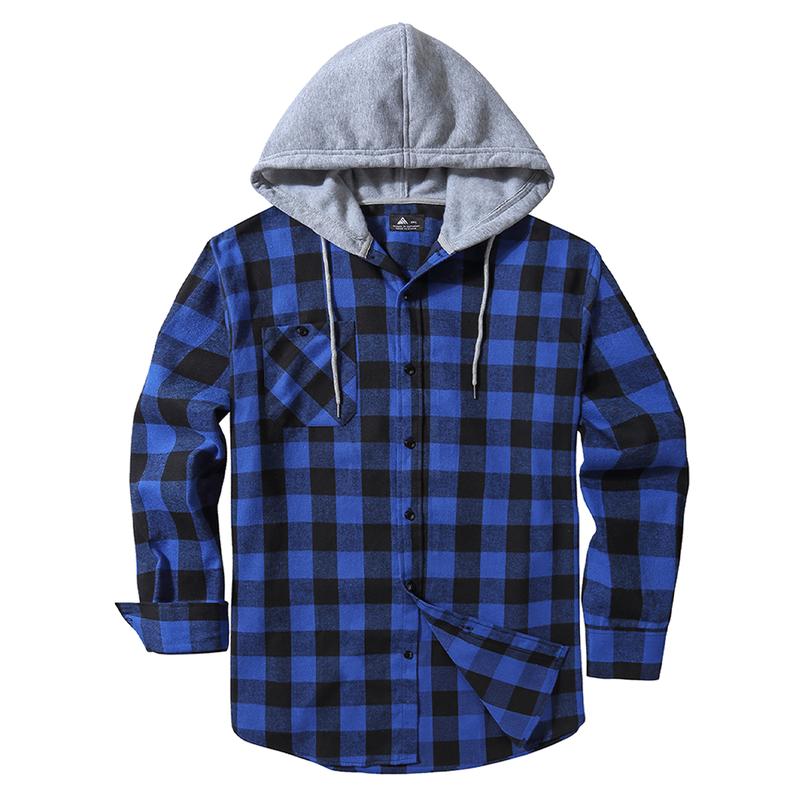 ZITY Men's Blue Plaid Hooded Flannel Shirt - Comfy Soft Fabric Button Down Hoodie - Casual Lightweight Checked Top for Men - Drake Style Streetwear gifts