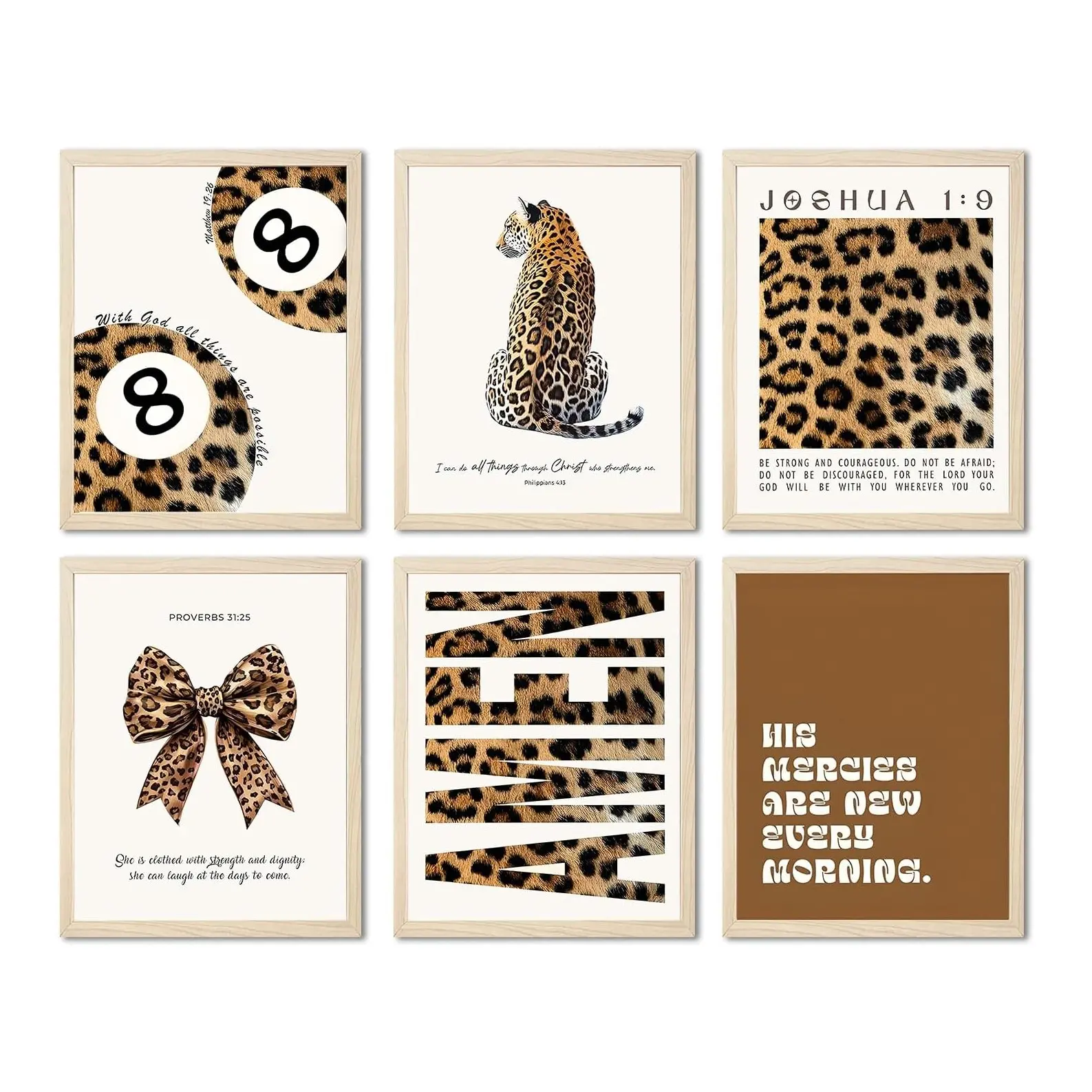 6pcs/set Brown Cheetah Leopard Printed Animal Prints Bows Lucky 8 Ball Trendy Artistic Art Print Poster Aesthetic Coquette Girly Room Wall Dopamine Decor Decoration Paint Art Work For Wall Decor Bedroom Decor Decoration Items