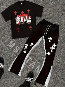 Men's Angels Cross Print Short Tee & Color Block Flare Sweatpants Streetwear Outfit Set