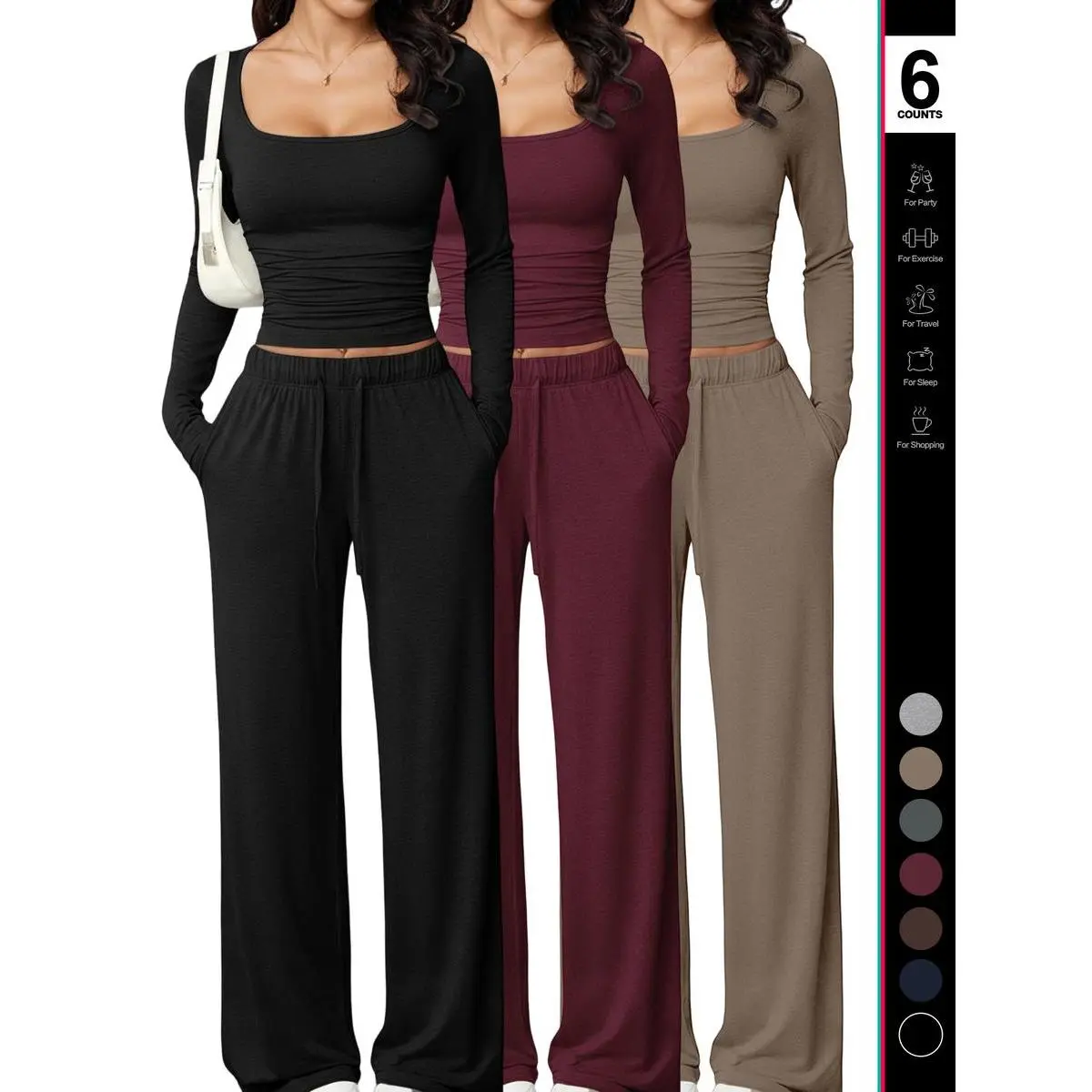 2026 Women's 2 Piece Matching Lounge Set, Square Neck Long Sleeve Crop Top, High Waisted Wide Leg Drawstring Pants, Casual Sweatsuit, Women's Clothes, 2 Piece Sets