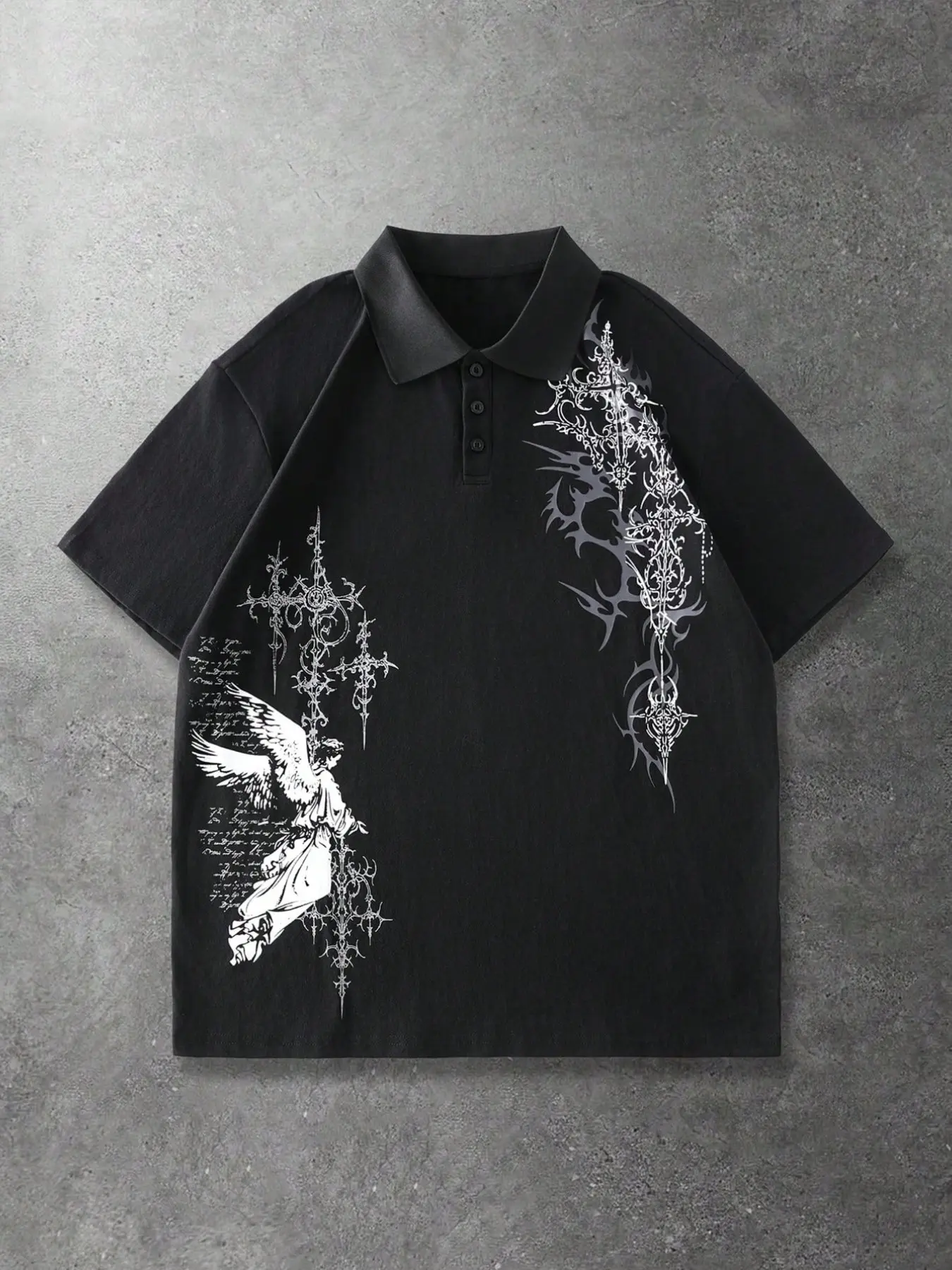 Unisex Black Oversized Loose Casual Short Polo Shirt | Angel & Tribal Cross Print Dark Gothic Alt Streetwear Top Casual Polo Shirts