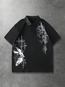Unisex Black Oversized Short Polo Shirt | Angel & Tribal Cross Print Dark Gothic Alt Streetwear Top