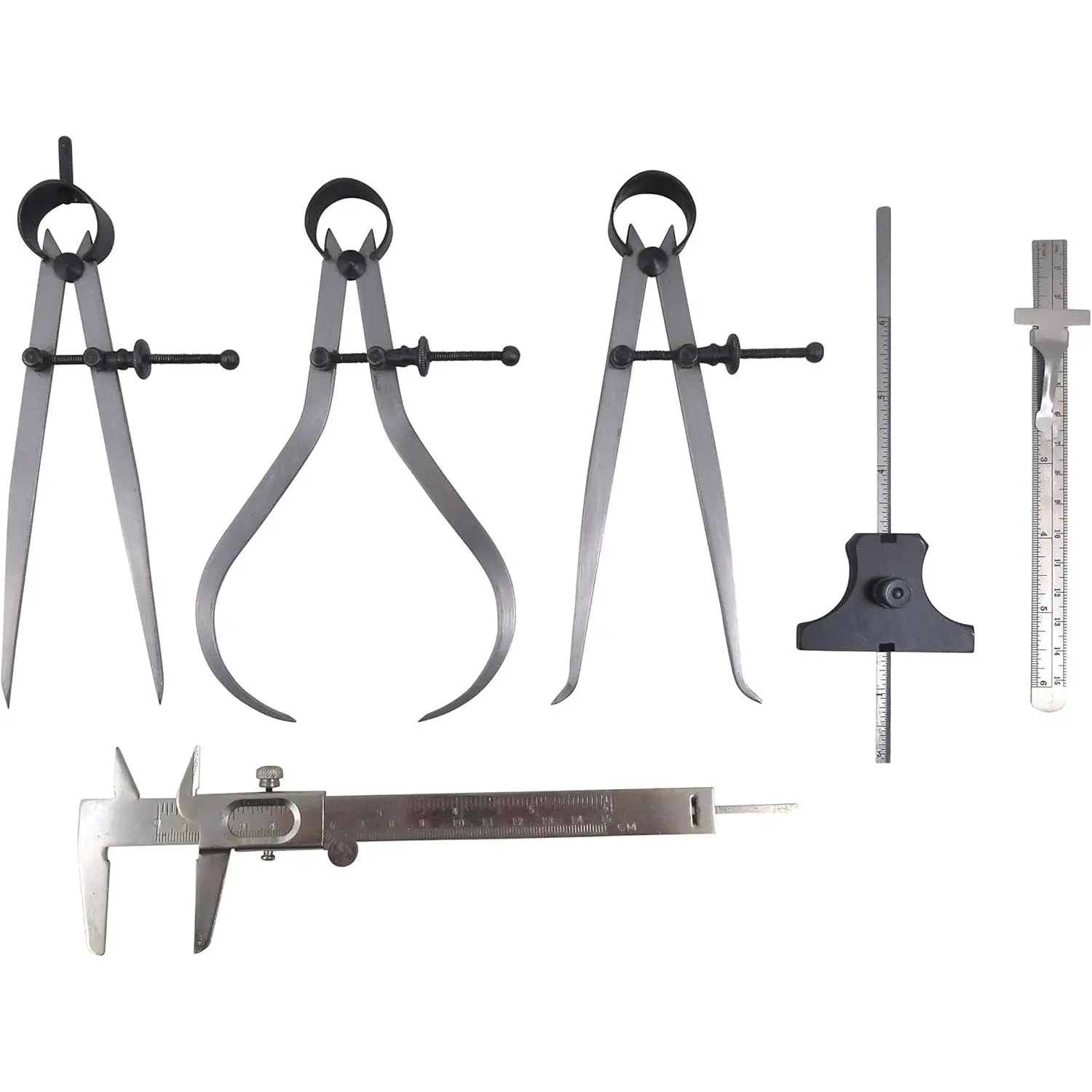 6 Piece Measuring Set Kit with 6" Spring Dividers Inside & Outside Calipers Depth Gauge Pocket Ruler Vernier Caliper 113500