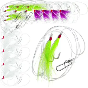 3Pack 6Pack & 12Pack Options Fluke Flounder Ocean Hi/Lo Rig Multicolor BUCKTAIL Teaser Hook for Saltwater Size 5/0 Hook 40lb Heavy Duty Mono 3ft Long Black Duo-Lock Snaps Hand Tied
