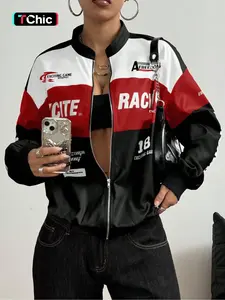 Women's Casual Letter Print Long Sleeve Jacket, Casual Fashion Jacket, Fitted Racing Suit Style, Versatile Streetwear Outerwear for All Seasons