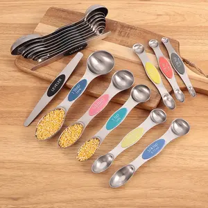 Stainless Steel Magnetic Measuring Spoons Set of 9 with Leveler, Nesting Metal Teaspoon & Tablespoon Measuring Spoons, Kitchen Gadgets for Baking & Cooking, Fits in Most Spice Jars - Neon
