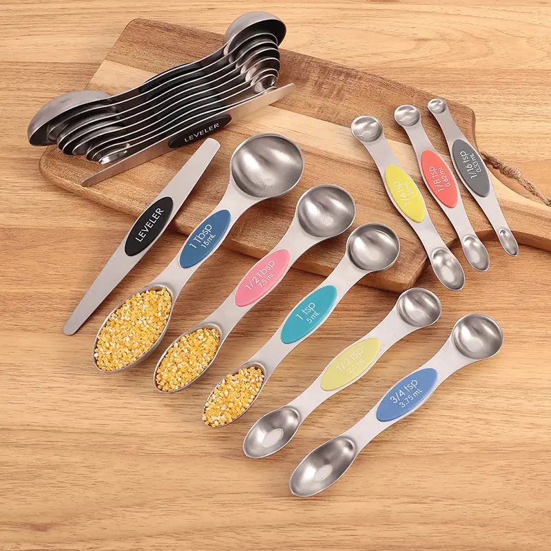 Stainless Steel Dual-Sided Magnetic Measuring Spoons Set (9-Piece) with Leveler, Nesting Utensils, Teaspoons & Tablespoons, Kitchen Measuring Utensils, Food Measuring Tool for Baking & Cooking, Fits Most Spice Jars - Neon