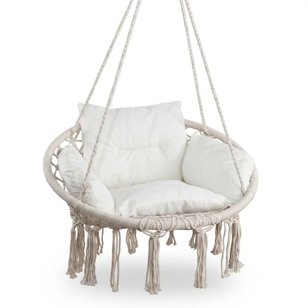 Handwoven Cotton Macrame Hanging Chair - Stable, Modern, Extra Wide Deep-Seat Hammock Swing with Pillow & Hanging Kit for Bedroom, Garden, Patio