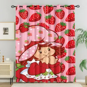 Pink Full Print Strawberry Cartoon Girl Curtains, Coquette Girly Y2K Retro Style Light Blocking Curtains, 85% (2 pieces), for Kids Teen Girls Bedroom Decor, Gift for Strawberry Lovers & Coquette Girly Fans