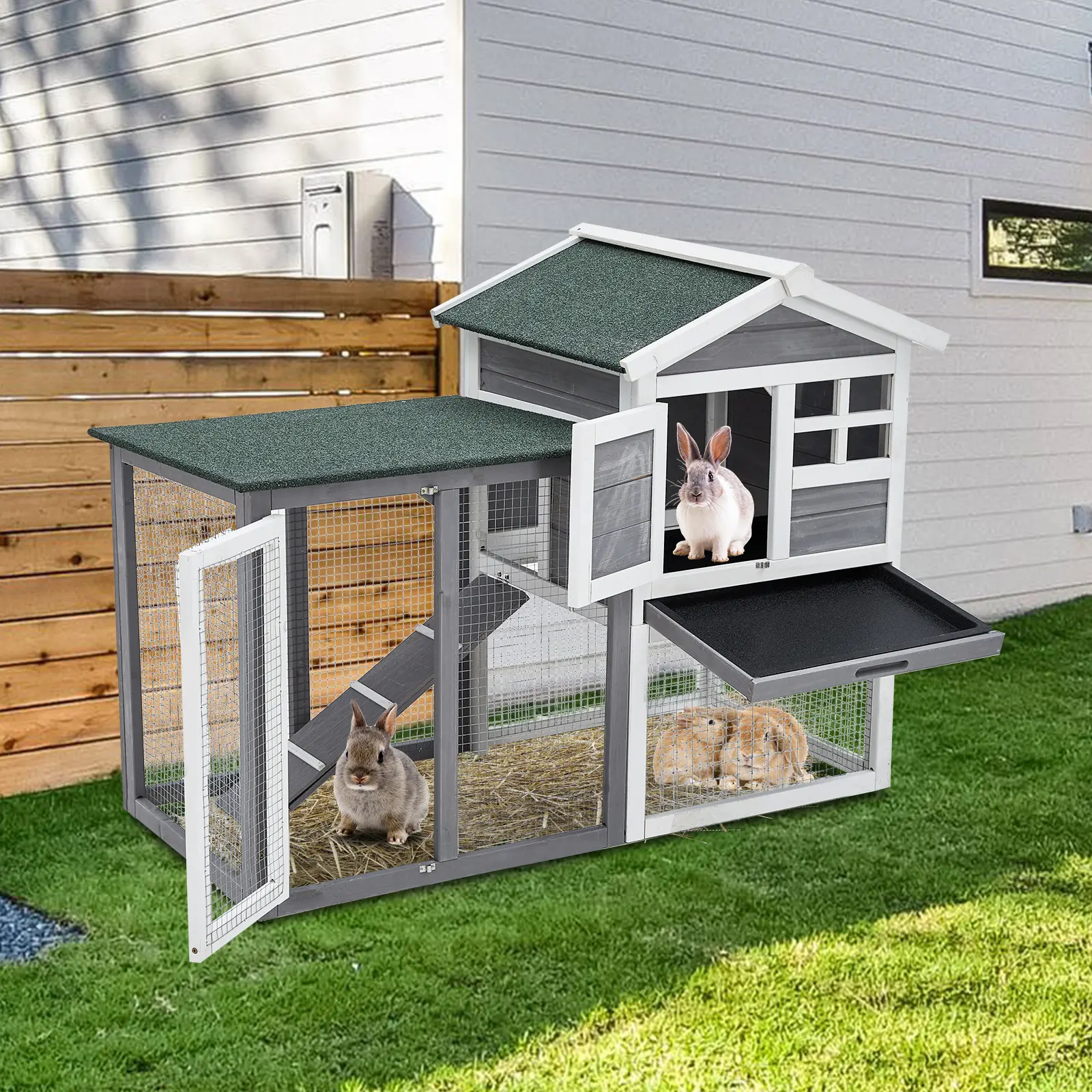 48" Wooden Rabbit Hutch, Outdoor Small Animal Enclosure with 2 Lockable Doors, Weather-Resistant Bunny House with Open Run & Wire Fence, Removable Cleaning Tray, Spacious Pet Cage for Rabbits & Small Pets