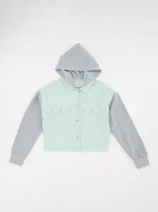 LOVE OF DENIM Women's Distressed Cropped Cotton Twill Jacket with Contrast Fleece Sleeves & Removable Hood, Featuring Raw Hem