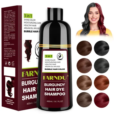 FARNDU Hair Dye Shampoo, Gray Hair Coverage, 3 in 1 (+Shampoo+Conditioner), Multiple Colors, 5 Mins Hair Color, Glossy and bright, For Men & Women, Long Lasting, Plant extracts, Fruity aroma Ammonia-Free Mild (400 mL)-Burgundy