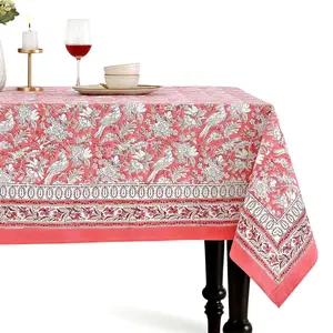 Cotton Block Print Tablecloth – Coral Pink
