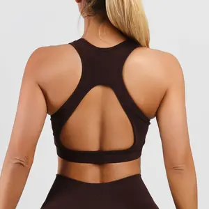 Women's Wireless Seamless Cross-Back High-Support Sports Bra - Brown Crop Top for Yoga, Running