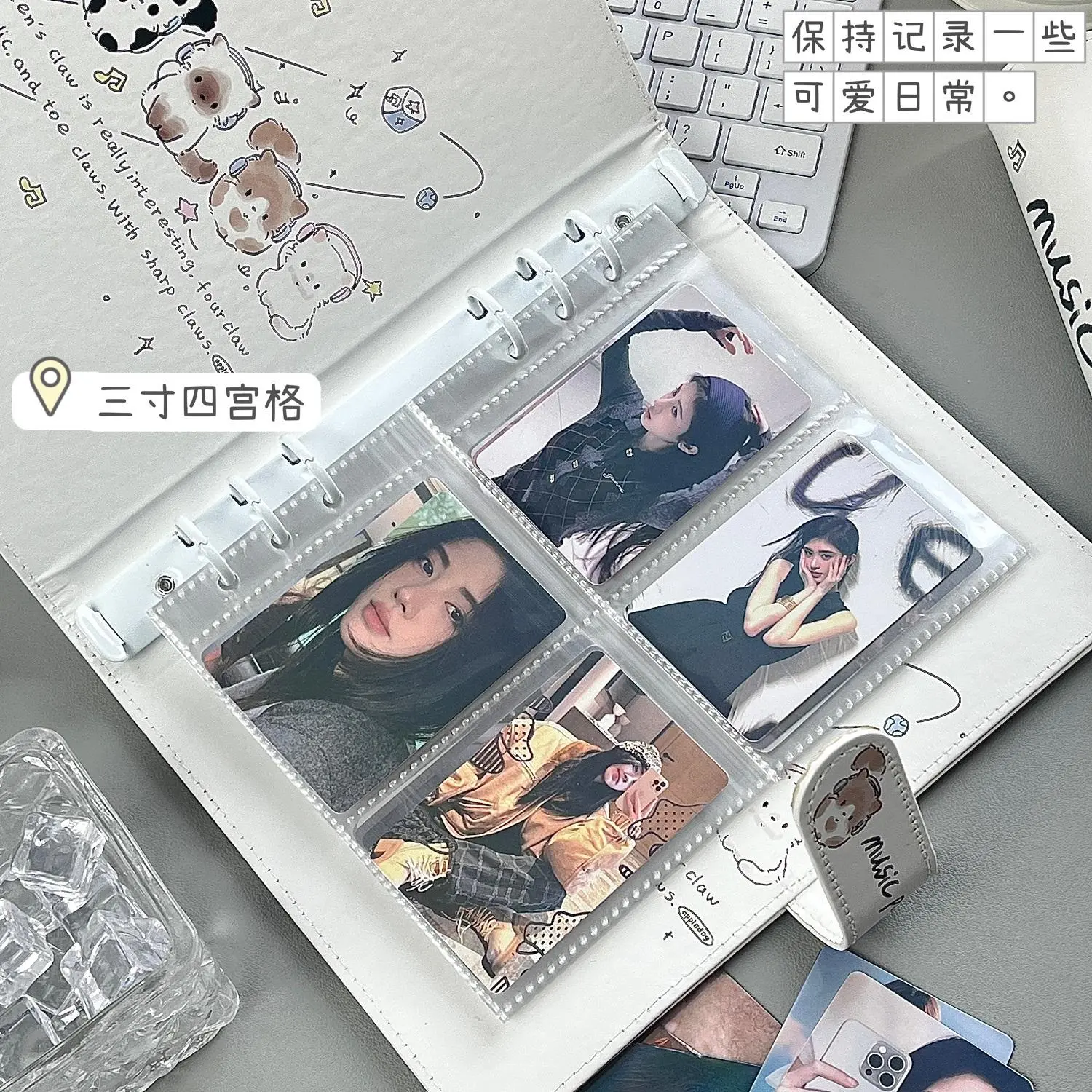 Cute Music Cat A5 Photo Album, 4-Pocket PU Leather Binder for Polaroid & 3" Pictures, Scrapbook K-POP IDOL Photo Card Holder