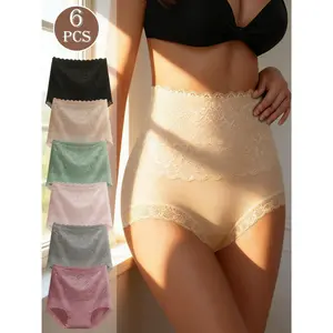 QUASTI 6 Piece High Waist Cotton Women's Briefs, Breathable High Stretch Soft Underwear, Hip Lifting Full Coverage Exquisite Lace Panties, Floral Womenswear Feminine Fashionable Design, All Seasons