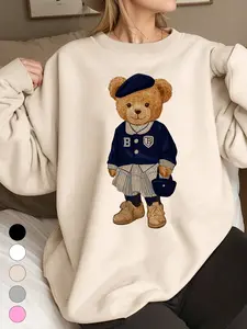 Cartoon Bear Print Casual Fashion Home Wear Top, Round Neck Pullover Easy to Wear, Warm and Comfortable, Essential for Fall & Winter