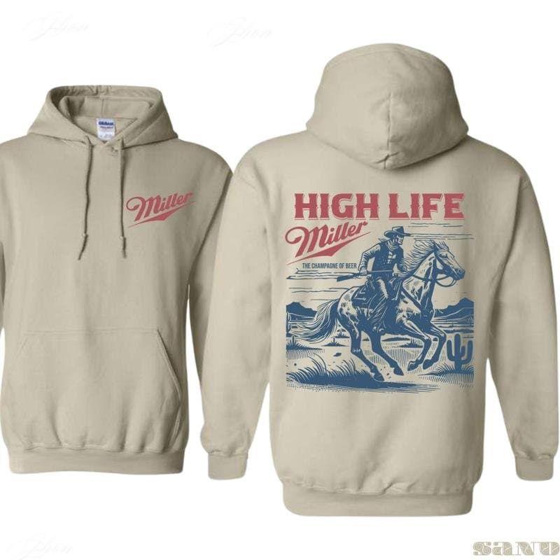 Miller High Life Hoodie - Featuring Front Red Miller Logo, And Back Graphic Of Cowboy On Horse In Desert Scene With THE CHAMPAGNE OF BEER Slogan, Designed For Western Lifestyle Fans Who Appreciate Vintage Beer Branding, Rugged Americana Vibes