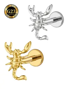 Astm F136 Titanium 16g 18g Scorpion Labret Stud, Flatback Zodiac Earring, Tragus Cartilage Helix Piercing, Punk Style Body Jewelry, Septum Pierced Ring