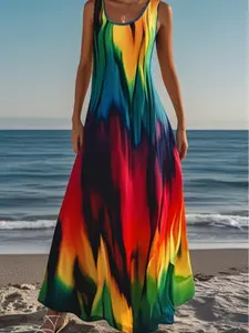 Women's Plus Size Sleeveless Dress, Multi-Color Tie-Dye Print, Pockets Design, Casual Loose Fit, Comfortable Home Clothing, Casual Comfy Nightdress