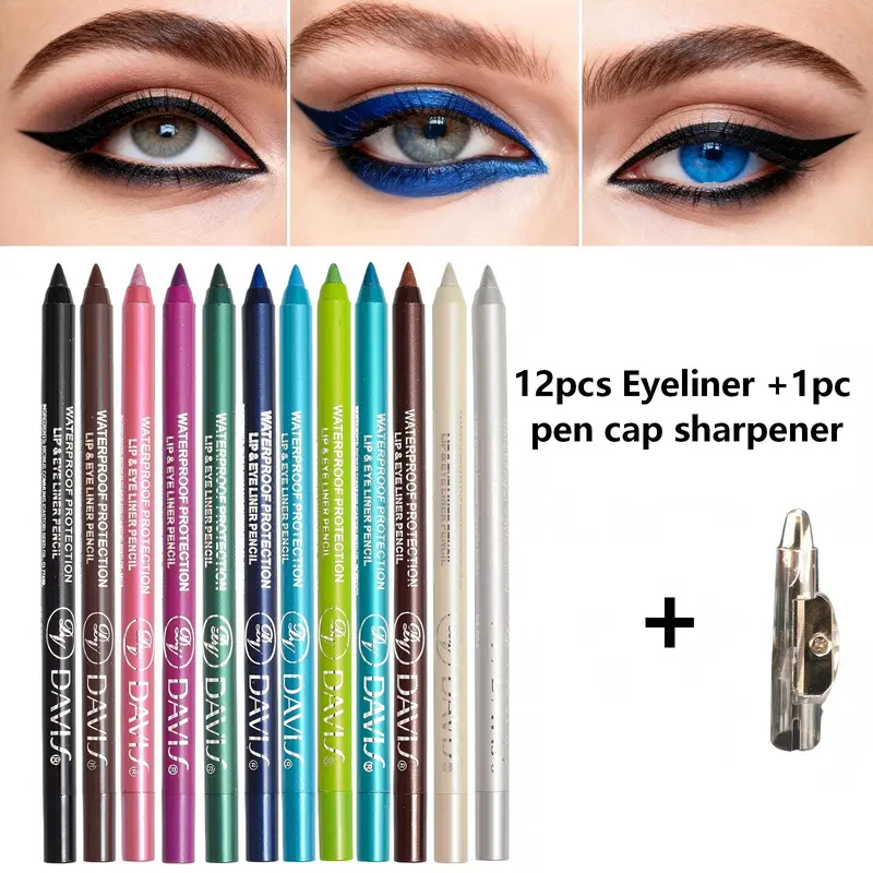 12-Color Glitter Glam Eyeliner Set - Pigment-Based, Glossy, Waterproof, Smudge-Proof, Gothic Style, Lipliner-Compatible (Including Gold) - Color Pencil, Eyeshadow Pencil, Felt Tip for Different Makeup Needs