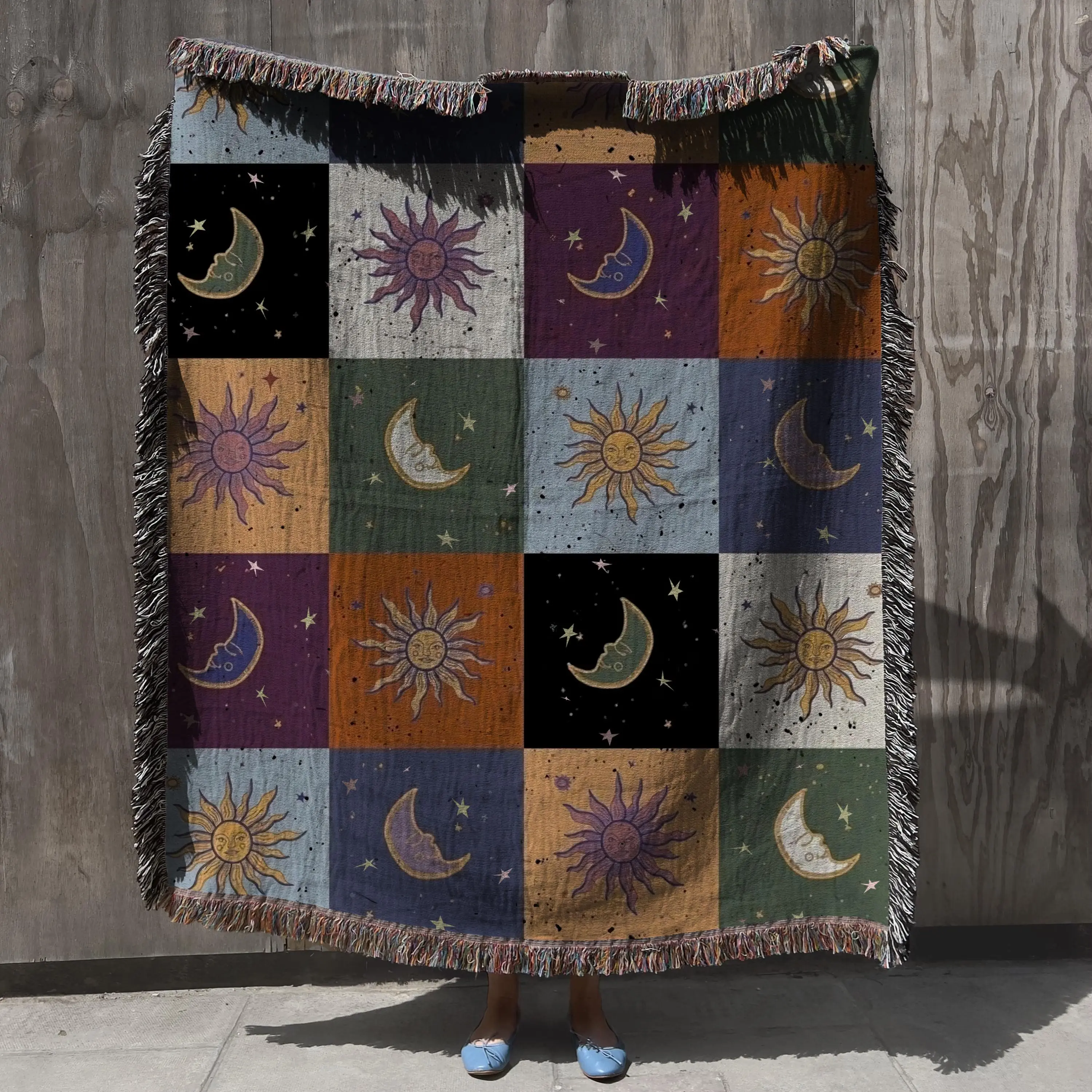 Boho Sun and Moon Woven Blanket - Celestial Checkerboard Throw Blanket, Vintage Astrology-Inspired Tapestry, Cozy Bohemian Home Decor Gift
