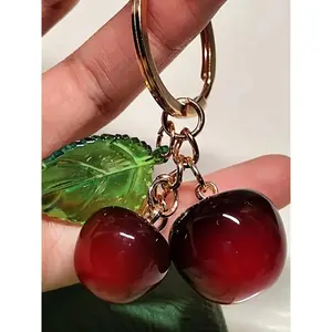 1pc Realistic Cherry Keychain with Translucent Green Leaves & Red Fruit Charms - Women's Keychain, Gift for Women& Girls, Golden Ring Clasp Suitable for Backpacks, Wallets, Purses - Cute Portable Keychain Accessory