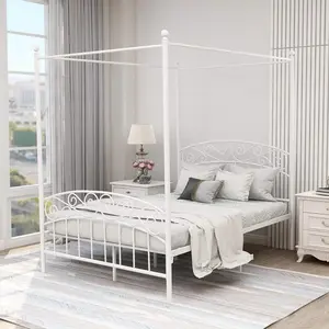 Size Canopy Bed Frame Four-Poster Metal Platform Bed with Headboard and Footboard Sturdy Heavy Duty Steel Slat Support No Box Spring Needed